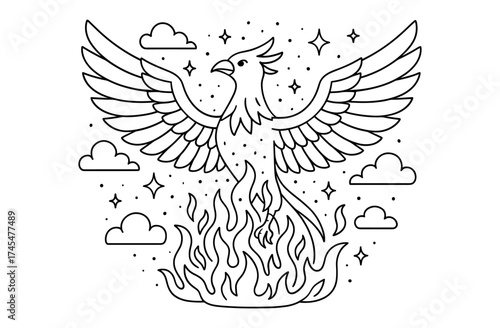 Mythical phoenix rising: line art illustration of fiery rebirth