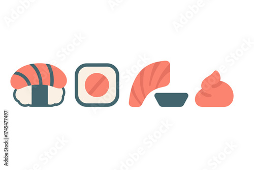 Minimalist popular Japanese food items including salmon nigiri maki roll and wasabi