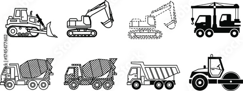 Black silhouette vector illustration, bulldozer, excavator, mobile crane, cement mixer truck, dump truck, road roller, construction machinery, heavy vehicle, line art