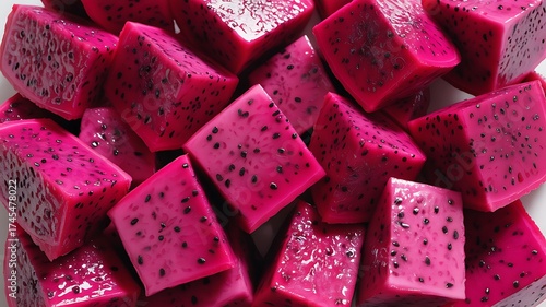 Vibrant Pink Dragon Fruit Cubes Scattered Across White Background Keywords: dragon fruit, pitaya, pink dragon fruit, tropical fruit, exotic fruit