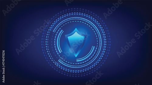 digital shield on blue background. cyber security and network firewall