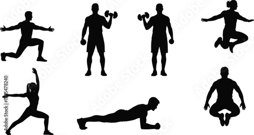 Fitness exercise silhouette vector set with lunges, dumbbells, yoga, plank, jump, squat, strength training, flexibility, and bodyweight workout