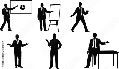 Business silhouette vector set with six professional poses, presentation screen, flip chart, tablet, gestures, seated posture, and mobility