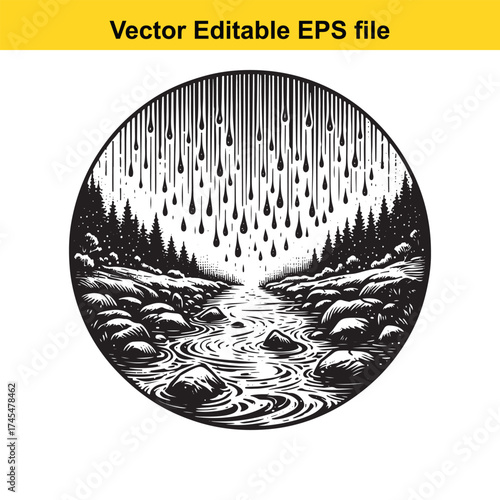 Vector art of circular engraving of a forest stream with falling rain and rocks, isolated on white