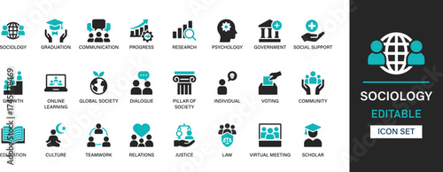Sociology icon set. Graduation, communication, progress, research, psychology, government, social support, growth, dialogue solid collection.