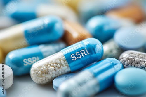 Close-up of an SSRI capsule amongst various pills, symbolizing mental health treatment, depression, anxiety, psychopharmacology, and pharmaceutical research.
