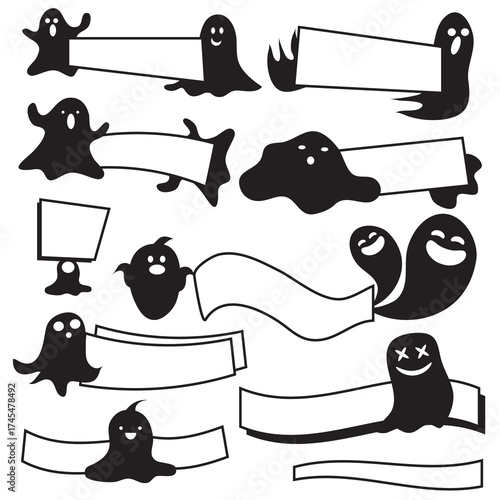 Cute little black ghost with banner sign