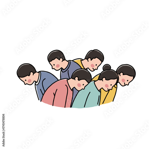 Group of people bending forward in colorful clothing illustration  
