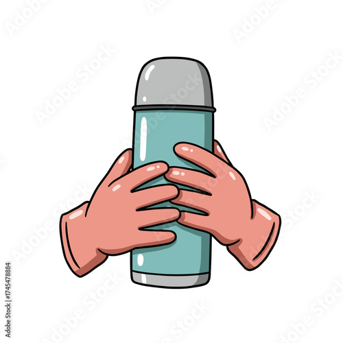 Gloved hands holding thermos in cartoon style with blue accents  