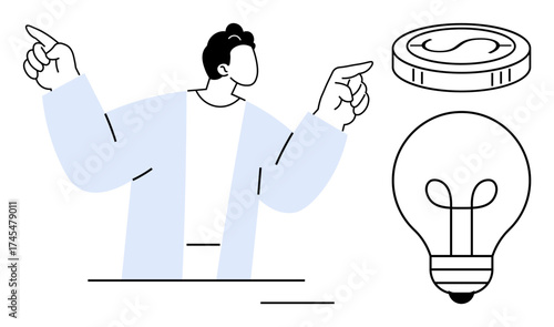 Man pointing at floating coin and bright light bulb, symbolizing creativity, innovation, wealth, investment, decision-making, financial growth, and entrepreneurship. Ideal for business or startup