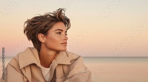 Woman with short hair gazes peacefully at calm sea at sunset, embodying serene nature retreat and healthy lifestyle feelings.
