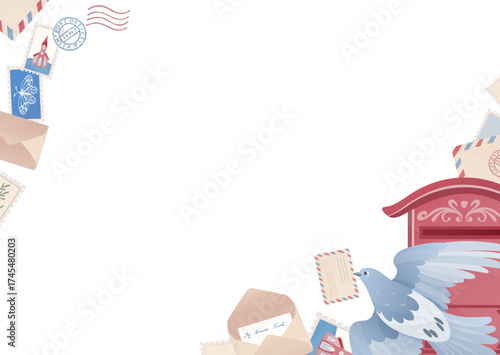 Pigeon post, vintage envelopes, stamps, red mailbox horizontal frame. Mail items in soft pastel style. Vector template for greeting cards, postal themes, invitations, stationery, and web design.