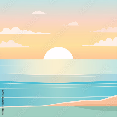 Sunset over ocean with clouds and sandy beach