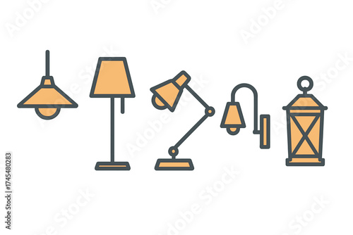 Set of indoor and outdoor lighting fixtures including desk lamps, floor lamps, and lanterns