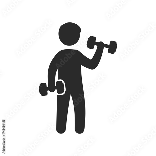 Fitness icon: stick figure lifting dumbbells symbolizing exercise and strength