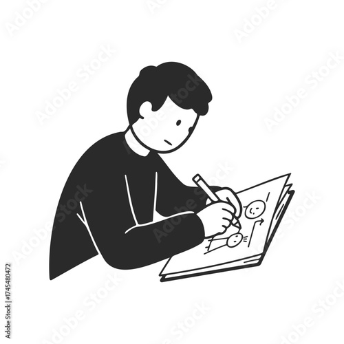 Young artist drawing cartoon characters in sketchbook