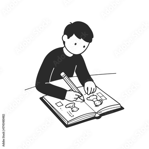 Cartoon boy drawing in sketchbook with pencil