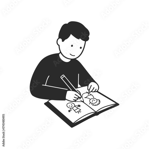 Young male drawing in sketchbook - simple black and white illustration