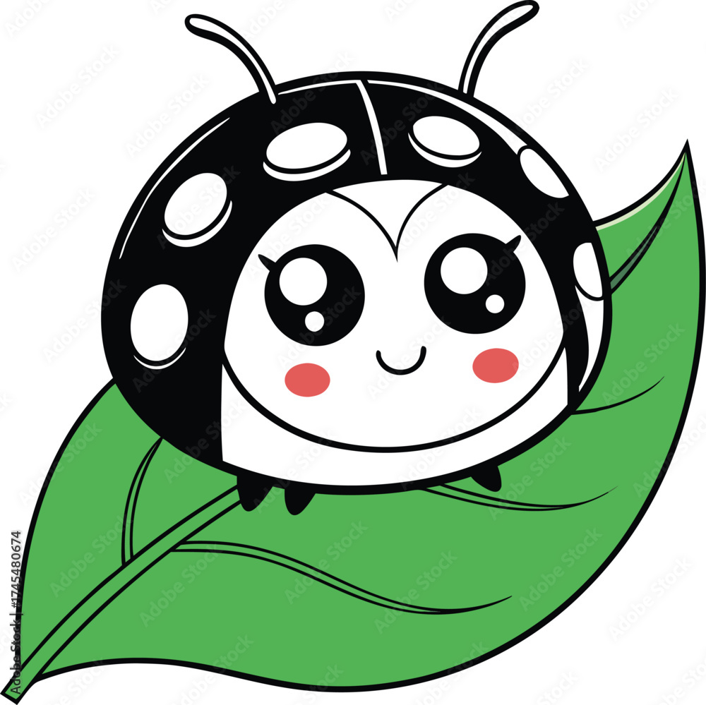 Naklejka premium Cute Kawaii Ladybug on Green Leaf
