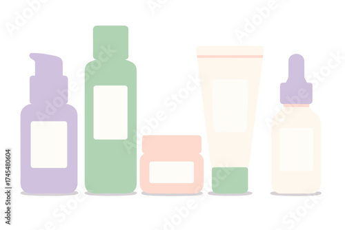 Collection of pastel colored cosmetic and skincare product containers for beauty and wellness routine
