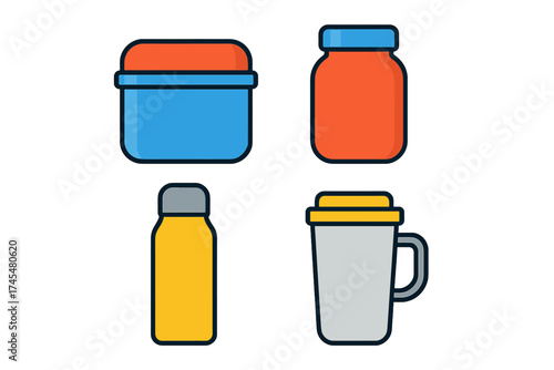 Colorful collection of reusable food and drink containers for daily use