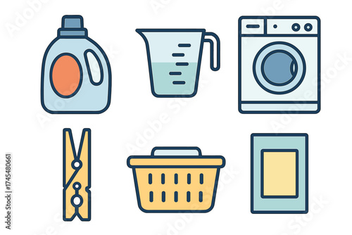 Set of common laundry equipment and cleaning supplies icons on a white background