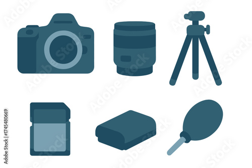 Set of digital photography equipment including camera, lens, tripod, memory card, and battery