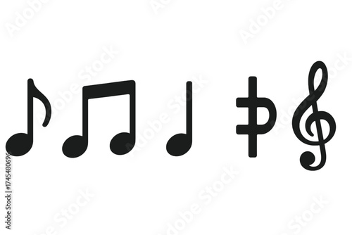 Basic musical notation symbols set including notes, rests, sharp sign, and treble clef