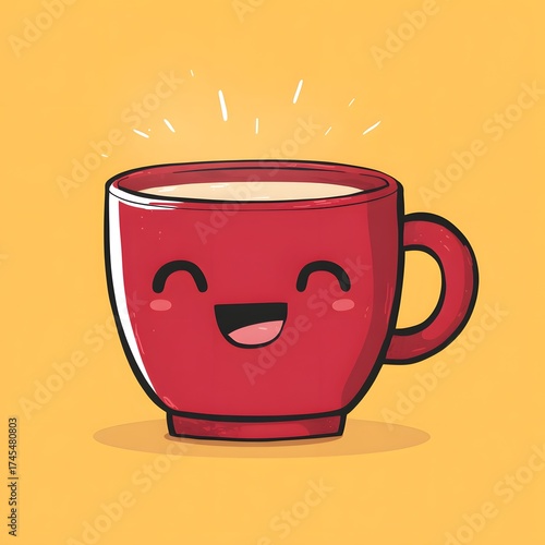 A happy red cartoon coffee cup with a smiling face on a yellow background with light rays above it