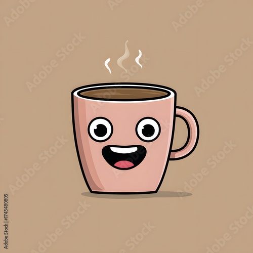 A cartoon illustration of a pink coffee mug with a happy face and steam on a beige background