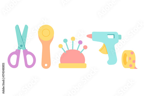 Brightly colored collection of crafting and sewing tools including scissors and glue gun