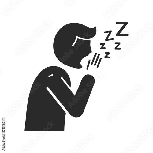 Silhouette of person coughing with sleep symbol overhead in black and white icon