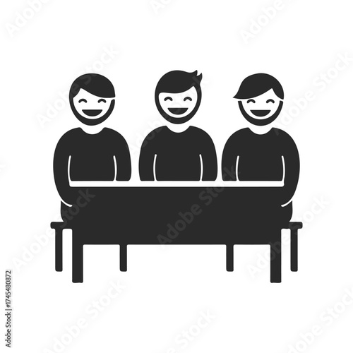 Three young adults sitting at a table, smiling, simplified icon style