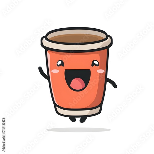 A cheerful cartoon coffee cup character with a wide smile and waving arms on a white background