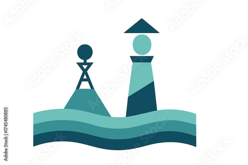 Abstract geometric lighthouse and navigational sea buoy over layered ocean waves