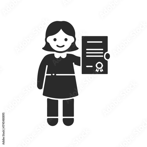 Female child holding document icon with certificate