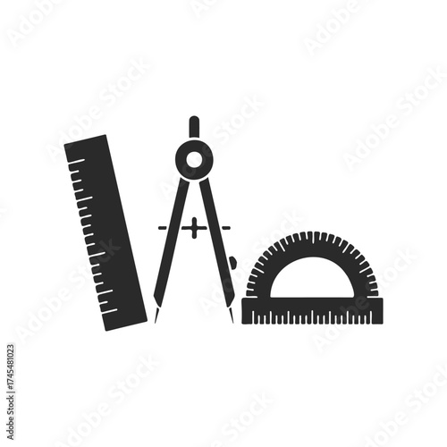 Black geometric tools icon: compass, ruler, protractor for mathematics and engineering
