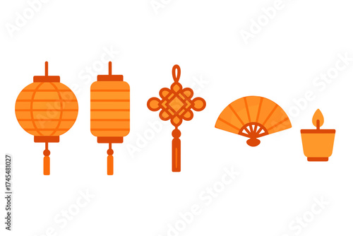 Traditional Chinese New Year symbols set including lanterns knot fan and candle
