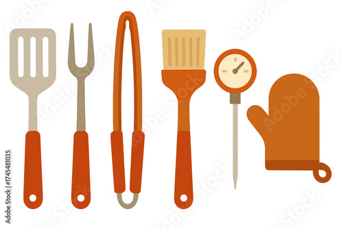 Essential barbecue grilling tools set including spatula, meat fork, tongs, basting brush, thermometer, and oven mitt