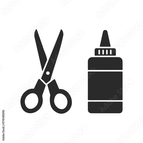 Silhouette of scissors and glue bottle on white background