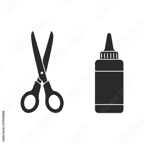 Black silhouette icons of scissors and glue bottle on white background