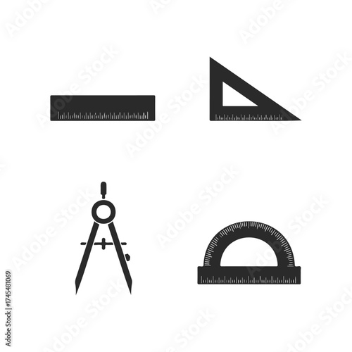Set of geometric tools: ruler, triangle, compass, protractor for mathematics