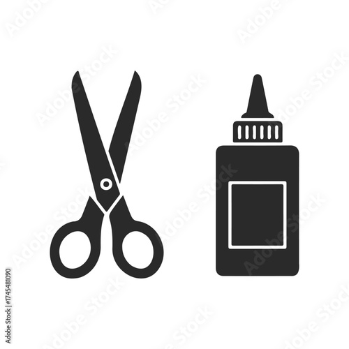 Black and white silhouette of scissors and glue bottle icons
