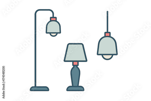 Collection of various home lighting fixtures including floor, table, and ceiling pendant lamps