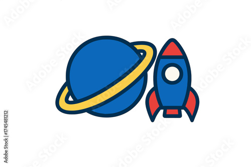 Colorful graphic representation of a rocket ship flying near a large blue planet with yellow rings