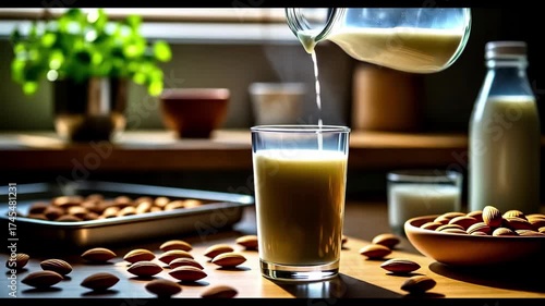 Pouring Almond Milk into Glass Healthy Vegan Drink