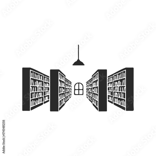 Minimalist illustration of a library interior with bookshelves and central window