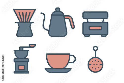Collection of manual coffee and tea brewing tools including kettle grinder and dripper