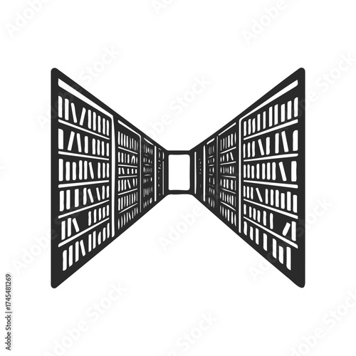 Symmetrical black and white library aisle with endless bookshelves