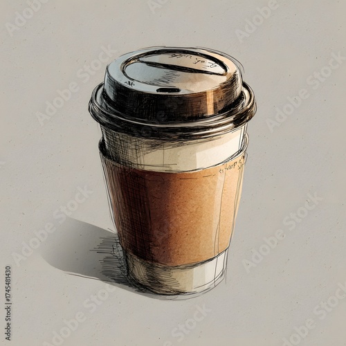 Stylized illustration of a disposable coffee cup with lid and sleeve on a plain background